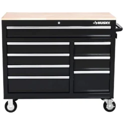 Husky 42 in. W x 18.1 in. D 8-Drawer Black Mobile Workbench Cabinet with Solid Wood Top -Gripstor Sales Store black husky mobile workbenches h42mwc8blk 40 1000