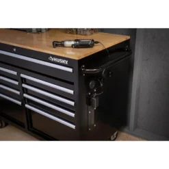 Husky 46 in. W x 24.5 in. D Standard Duty 9-Drawer Mobile Workbench Tool Chest with Solid Wood Top in Gloss Black -Gripstor Sales Store gloss black with silver trim husky mobile workbenches h46mwc9v2 1f 1000