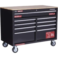 Husky 46 in. W x 24.5 in. D Standard Duty 9-Drawer Mobile Workbench Tool Chest with Solid Wood Top in Gloss Black -Gripstor Sales Store gloss black with silver trim husky mobile workbenches h46mwc9v2 66 1000