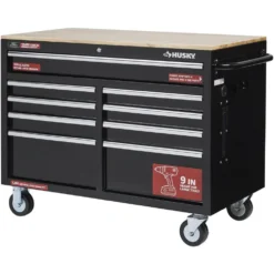 Husky 46 in. W x 24.5 in. D Standard Duty 9-Drawer Mobile Workbench Tool Chest with Solid Wood Top in Gloss Black -Gripstor Sales Store gloss black with silver trim husky mobile workbenches h46mwc9v2 76 1000