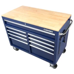 Husky 46 in. W x 24.5 in. D Standard Duty 9-Drawer Mobile Workbench Tool Chest with Solid Wood Top in Gloss Blue -Gripstor Sales Store gloss blue with silver trim husky mobile workbenches h46mwc9gbv2 1d 1000