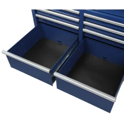 Husky 46 in. W x 24.5 in. D Standard Duty 9-Drawer Mobile Workbench Tool Chest with Solid Wood Top in Gloss Blue -Gripstor Sales Store gloss blue with silver trim husky mobile workbenches h46mwc9gbv2 44 1000