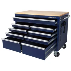 Husky 46 in. W x 24.5 in. D Standard Duty 9-Drawer Mobile Workbench Tool Chest with Solid Wood Top in Gloss Blue -Gripstor Sales Store gloss blue with silver trim husky mobile workbenches h46mwc9gbv2 a0 1000
