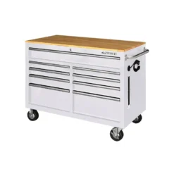 Husky 46 in. W x 24.5 in D Standard Duty 9-Drawer Mobile Workbench Tool Chest with Solid Wood Top in Gloss White