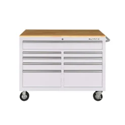 Husky 46 in. W x 24.5 in D Standard Duty 9-Drawer Mobile Workbench Tool Chest with Solid Wood Top in Gloss White -Gripstor Sales Store gloss white with silver trim husky mobile workbenches hotc4609bj6m c3 1000