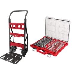 Milwaukee PACKOUT 20 in. 2-Wheel Folding Utility Cart w/3/8 in. and 1/4 in. SAE/Metric Mechanics Set (107-Piece)