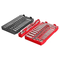 Milwaukee PACKOUT 20 in. 2-Wheel Folding Utility Cart w/3/8 in. and 1/4 in. SAE/Metric Mechanics Set (107-Piece) -Gripstor Sales Store red black milwaukee modular tool storage systems 48 22 8415 48 22 9486 76 1000