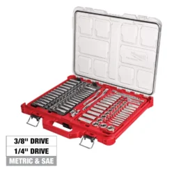 Milwaukee PACKOUT 20 in. 2-Wheel Folding Utility Cart w/3/8 in. and 1/4 in. SAE/Metric Mechanics Set (107-Piece) -Gripstor Sales Store red black milwaukee modular tool storage systems 48 22 8415 48 22 9486 c3 1000