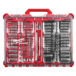 Milwaukee PACKOUT 20 in. 2-Wheel Folding Utility Cart w/3/8 in. and 1/4 in. SAE/Metric Mechanics Set (107-Piece) -Gripstor Sales Store red black milwaukee modular tool storage systems 48 22 8415 48 22 9486 fa 1000