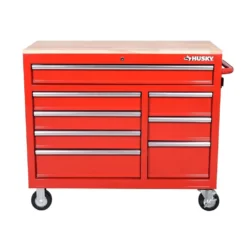 Husky 42 in. W x 18.1 in. D 8-Drawer Red Mobile Workbench Cabinet with Solid Wood Top -Gripstor Sales Store red husky mobile workbenches h42mwc8red 40 1000