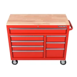Husky 42 in. W x 18.1 in. D 8-Drawer Red Mobile Workbench Cabinet with Solid Wood Top -Gripstor Sales Store red husky mobile workbenches h42mwc8red a0 1000