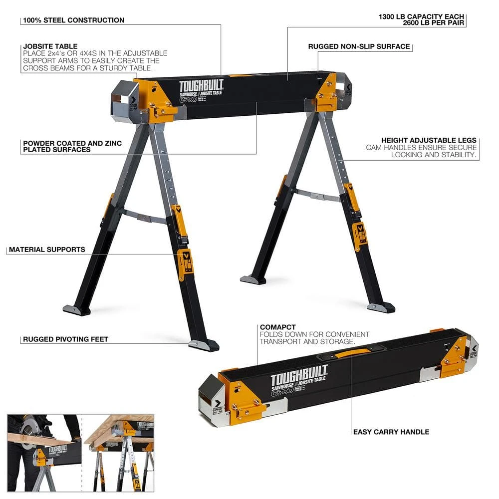 TOUGHBUILT 39.9" to 45.9"W x 25" to 32"H C700 Adjustable Sawhorse and Jobsite Table with 1300 lb capacity 4 TOUGHBUILT 39.9" to 45.9"W x 25" to 32"H C700 Adjustable Sawhorse and Jobsite Table with 1300 lb capacity - Image 2